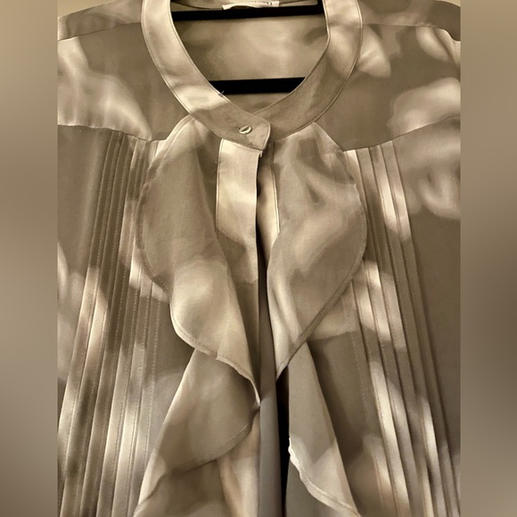 Calvin Klein Silky Top with Sheer Sleeves, Ruffles, Metal Buttons - so elegant! - Picture 2 of 8